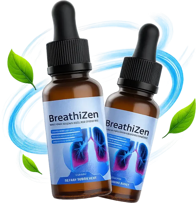 Two BreathiZen spray bottles with a blue lung-themed label